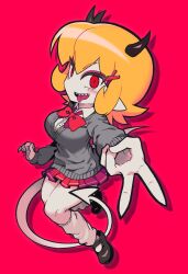  blonde_hair bow bowtie colored_skin commentary demon_girl demon_horns demon_tail female fingernails full_body grey_skin grey_sweater highres horns leg_warmers looking_at_viewer original pointy_ears red_background red_bow red_bowtie red_eyes red_skirt satanmanse school_uniform sharp_fingernails short_hair simple_background skirt slit_pupils solo sweater symbol-only_commentary tail v 