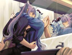  2girls alternate_costume artist_name back bathroom black_pants blue_hair blue_shirt bra breasts closed_eyes cone_hair_bun fingernails french_kiss ganyu_(genshin_impact) genshin_impact goat_horns hair_between_eyes hair_bun hand_around_waist hand_on_another&#039;s_shoulder hand_up high-waist_skirt highres horns hug industrial_pipe keqing_(genshin_impact) kissing long_hair long_sleeves low_ponytail medium_breasts mirror multiple_girls open_clothes open_shirt orange_skirt pants ponytail purple_bra purple_hair purple_shirt reflection shirt sidelocks sitting skirt standing tapeanna tongue twintails underwear yuri 