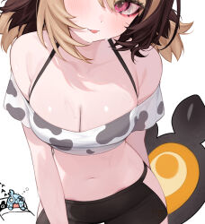  :p alternate_breast_size animal_print bare_shoulders bike_shorts black_shorts blonde_hair breasts brown_hair cleavage cow_print female gigi_murin grem_(gigi_murin) head_out_of_frame highres hip_vent hololive hololive_english hoshi_usagi large_breasts looking_at_viewer midriff multicolored_hair navel off-shoulder_shirt off_shoulder pink_eyes print_shirt shirt short_hair short_shorts short_sleeves short_twintails shorts simple_background solo tail tongue tongue_out twintails two-tone_hair virtual_youtuber white_background white_shirt 