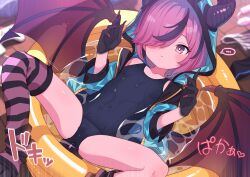  ... asymmetrical_legwear black_hair blue_jacket blue_one-piece_swimsuit breasts character_request closed_mouth collarbone commentary_request covered_navel demon_girl demon_horns demon_wings female hair_over_one_eye highres hood hood_up horns horns_through_headwear jacket mismatched_legwear monster_musume_td multicolored_hair one-piece_swimsuit paid_reward_available partially_submerged pink_eyes pink_hair purple_socks purple_thighhighs robo_mikan short_hair single_sock single_thighhigh small_breasts socks solo speech_bubble spoken_ellipsis spoken_x spread_legs square_pupils streaked_hair striped_clothes striped_socks striped_thighhighs swimsuit thighhighs variant_set wading_pool wings 