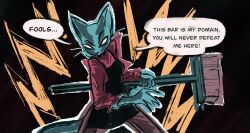  anthro apron blue_body blue_fur broom claws cleaning_tool clothing comic_panel domestic_cat empty_eyes english_text felid feline felis female fur hi_res mammal power-up restricted_palette simple_background solo speech_bubble text threatening_with_weapon vanilla_candy 