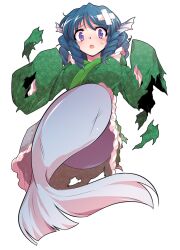  alphes_(style) blue_hair blush breasts commentary_request dairi defeat drill_hair female fins frilled_kimono frills full_body green_kimono hands_up head_fins japanese_clothes kimono large_breasts large_variant_set mermaid monster_girl parody purple_eyes solo style_parody torn_clothes touhou transparent_background variant_set wakasagihime wide_sleeves 