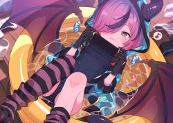  :3 asymmetrical_legwear black_hair blue_jacket blue_one-piece_swimsuit breasts character_request closed_mouth commentary_request demon_girl demon_horns demon_wings female hair_over_one_eye handheld_game_console highres holding holding_handheld_game_console hood hood_up horns horns_through_headwear jacket mismatched_legwear monster_musume_td multicolored_hair musical_note nintendo_switch one-piece_swimsuit paid_reward_available partially_submerged pink_eyes pink_hair purple_socks purple_thighhighs robo_mikan short_hair single_sock single_thighhigh small_breasts socks solo speech_bubble spoken_musical_note square_pupils streaked_hair striped_clothes striped_socks striped_thighhighs swimsuit thighhighs variant_set wading_pool wings 