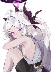  absurdres ahoge black_skirt blue_archive breasts commentary_request demon_girl demon_horns demon_wings evening_rabbit female forehead halo head_tilt highres hina_(blue_archive) horns hugging_own_legs knee_to_chest long_hair looking_at_viewer parted_bangs pencil_skirt purple_eyes shirt sideboob sidelocks simple_background sitting skirt sleeveless sleeveless_shirt small_breasts solo wavy_hair white_background white_hair white_shirt wings 