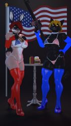  3d_(artwork) 4th_of_july 9:16 abs alcohol american_flag american_flag_bikini anthro armwear beer beer_mug beverage big_breasts bikini black_body black_fur blonde_hair breasts burger cat_(petruz) choker clothing colored_claws colored_nails digital_media_(artwork) domestic_cat duo elbow_gloves felid feline felis female flag_bikini food footwear fur furniture gloves hair hand_on_hip handwear hi_res high_heels holidays hot_dog iris_(thevestige) jewelry ketchup lagomorph leggings legwear leporid looking_at_viewer lyra_(thevestige) mammal multicolored_body multicolored_fur muscular muscular_anthro muscular_female mustard nails navel navel_piercing necklace oiled_body piercing portrait purple_eyes rabbit rabbit_(petruz) red_hair shoes simple_background small_tail smile smiling_at_viewer source_filmmaker_(artwork) swimwear table tail thevestige thick_thighs tongue tongue_out tongue_piercing two-piece_swimsuit united_states_of_america yellow_eyes 