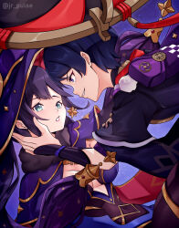  1boy absurdres aqua_eyes armor black_hair black_hat black_pantyhose black_sleeves blunt_bangs blunt_ends bodystocking breasts cleavage covered_navel earrings eyeliner eyeshadow fatui_logo female furisode genshin_impact gold gold_trim hand_on_another&#039;s_face hat highres japanese_armor japanese_clothes jewelry jingasa jrpulse juban kimono kote kurokote leotard light_blush long_hair looking_at_another makeup medium_breasts mitsudomoe_(shape) mona_(genshin_impact) multicolored_hair open_hand pantyhose pink_lips pom_pom_(clothes) ponytail_holder purple_background purple_bag purple_eyes purple_hair purple_hat purple_leotard red_eyeliner red_eyeshadow red_hat red_kimono scaramouche_(genshin_impact) short_sleeves sidelocks sideways_mouth smile star_(symbol) star_earrings star_print streaked_hair swept_bangs thighlet tomoe_(symbol) tsurime twintails twitter_username two-sided_fabric two-sided_headwear two-tone_hat white_kimono white_mouth white_trim 