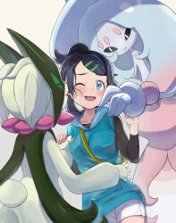  ;d affectionate between_breasts black_hair black_shirt blue_eyes blush breasts commentary_request eyelashes female hair_bun hair_ornament hairclip hatterene highres holding_hands hood hooded_vest hoodie kurineme licking licking_another&#039;s_face liko_(pokemon) meowscarada one_eye_closed open_mouth pokemon pokemon_(anime) pokemon_(creature) pokemon_horizons shirt shorts smile strap_between_breasts sweatdrop swept_bangs vest white_shorts yellow_bag 