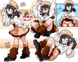  &gt;_&lt; :o alternate_costume arm_up arms_up belt black_eyes black_hair black_nails black_shoes breasts brown_background brown_belt brown_hat brown_panties brown_skirt brown_socks brown_trim clothes_lift commentary crab crossed_ankles english_commentary english_text female gradient_background hair_ornament hat highres inset lanyard layered_sleeves light_blush long_sleeves looking_to_the_side loose_socks lucia_(scott_malin) lying medium_breasts medium_hair motion_lines multiple_views notice_lines on_back open_mouth panties pleated_skirt scott_malin shirt shoes short_over_long_sleeves short_sleeves sitting skirt skirt_lift sneakers socks star_(symbol) star_hair_ornament stretching striped_clothes striped_skirt underwear vertical-striped_clothes vertical-striped_skirt w white_background white_shirt yawning 