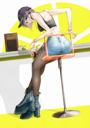  ass bare_shoulders baseball_cap black_boots black_pantyhose boots bracelet breasts cafe commentary_request crop_top crossed_ankles cup denim disposable_cup drinking_straw earrings female from_behind green_eyes hat highres inaba_makoto jewelry large_breasts leaning_forward looking_back necklace original pantyhose pantyhose_under_shorts platform_boots purple_hair restaurant short_hair short_shorts shorts sitting solo stool thighs 