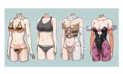  4girls angewomon bare_shoulders bikini black_bra black_leotard black_panties bodysuit bra breasts cleavage clothes_focus clothing_cutout commentary_request cropped_legs darkstalkers digimon futa_yuri_ryona gold_bikini hip_vent leotard medium_breasts morrigan_aensland multiple_girls navel original panties pantyhose print_panties purple_pantyhose single_leg_bodysuit sports_bra stomach_cutout strapless_bodysuit swimsuit underwear white_bodysuit 