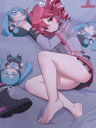  absurdres ahoge artist_logo artist_name bare_legs barefoot bed_sheet blush boots bow buttons character_doll closed_mouth commentary doll double-breasted drill_hair english_commentary feet female full_body grey_background grey_bow grey_jacket hairbow hatsune_miku highres jacket kasane_teto legs logo long_hair long_sleeves looking_at_viewer lying miniskirt on_bed on_side panties red_eyes red_hair skirt thighs toenails toes twin_drills underwear unworn_boots utau vocaloid white_panties zambonito 