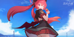  absurdres back_cutout black_ribbon black_shirt black_skirt blue_archive blush clothing_cutout demon_girl demon_horns demon_wings female hair_between_eyes hair_ribbon hayate_(1034853996) highres horns junko_(blue_archive) long_hair looking_at_viewer oerba_yun_fang one_eye_closed open_mouth purple_eyes red_hair ribbon shirt short_sleeves sidelocks skin_fang skirt solo twintails wings 