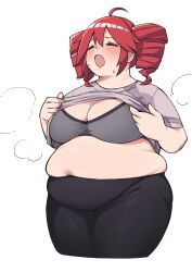  absurdres ahoge alternate_body_size bifizu&#039;s_gold black_pants blush bra breasts closed_eyes clothes_lift commentary_request cowboy_shot cropped_legs drill_hair fat fatass_teto_(meme) female grey_bra grey_shirt hair_between_eyes highres kasane_teto large_breasts meme muffin_top open_mouth pants puff_of_air red_hair shirt short_sleeves simple_background solo sweat t-shirt thick_thighs thighs twin_drills underwear utau white_background 