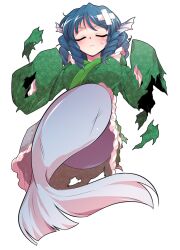  alphes_(style) blue_hair blush breasts closed_eyes closed_mouth commentary_request dairi defeat drill_hair female fins frilled_kimono frills full_body green_kimono hands_up head_fins japanese_clothes kimono large_breasts large_variant_set mermaid monster_girl parody solo style_parody sweatdrop torn_clothes touhou transparent_background variant_set wakasagihime wide_sleeves 
