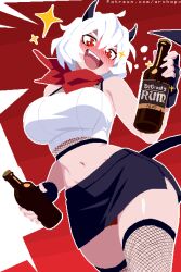  :d alcohol alternate_costume archapxl black_skirt bottle breasts commentary cowboy_shot crop_top demon_girl demon_horns demon_tail drunk english_commentary female fishnet_thighhighs fishnet_top fishnets hair_between_eyes helltaker highres holding holding_bottle horns huge_breasts malina_(helltaker) miniskirt navel oerba_yun_fang patreon_username red_eyes short_hair skirt smile solo star_(symbol) tail teeth thighhighs upper_teeth_only white_hair 
