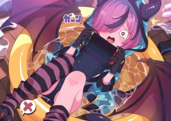 asymmetrical_legwear black_hair blue_jacket blue_one-piece_swimsuit breasts character_request commentary_request constricted_pupils demon_girl demon_horns demon_wings female hair_over_one_eye handheld_game_console highres holding holding_handheld_game_console hood hood_up horns horns_through_headwear jacket mismatched_legwear monster_musume_td multicolored_hair nintendo_switch one-piece_swimsuit open_mouth paid_reward_available partially_submerged pink_eyes pink_hair purple_socks purple_thighhighs robo_mikan short_hair single_sock single_thighhigh small_breasts socks solo speech_bubble spoken_x streaked_hair striped_clothes striped_socks striped_thighhighs swimsuit thighhighs variant_set wading_pool wavy_eyes wings 