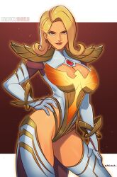  absurdres blonde_hair breasts brown_background cleavage cowboy_shot curly_hair emma_frost female highleg highleg_leotard highres large_breasts leotard marvel medium_hair simple_background smgold solo web_address white_leotard yellow_eyes 