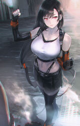  bare_shoulders black_gloves black_hair black_skirt black_thighhighs breasts cropped_shirt earrings female final_fantasy final_fantasy_vii final_fantasy_vii_remake fingerless_gloves gloves highres jewelry large_breasts maeshima_shigeki red_eyes shirt skirt solo suspenders thighhighs tifa_lockhart water white_shirt 