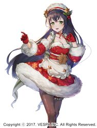  apron black_hair breasts brown_pantyhose choker christmas commentary detached_sleeves dress feet_out_of_frame female frilled_straps frilled_thigh_strap frills fur-trimmed_dress fur-trimmed_sleeves fur_hat fur_trim gloves green_eyes green_ribbons hair_ornament hands_up hat hat_ornament highres holding holding_ribbon holly holly_hair_ornament holly_hat_ornament hwansang_jungdog king&#039;s_raid long_hair looking_at_viewer mediana medium_breasts official_alternate_costume official_art open_mouth pantyhose red_dress red_garter red_gloves red_ribbon red_sleeves ribbon ribbon_choker santa_costume santa_dress short_apron simple_background smile snowflake_ornament snowflake_print solo straight_hair striped_ribbon thigh_strap very_long_hair waist_ribbon white_apron white_background white_fur white_hat white_ribbon 