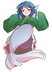  alphes_(style) blue_hair blush breasts commentary_request dairi drill_hair female fins frilled_kimono frills full_body green_kimono half-closed_eyes hands_up head_fins japanese_clothes kimono large_breasts large_variant_set looking_at_viewer mermaid monster_girl parody parted_lips purple_eyes smile solo style_parody touhou transparent_background variant_set wakasagihime wide_sleeves 