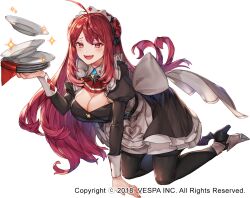  ahoge apron ascot back_bow bat_wings black_dress black_pantyhose black_ribbon black_shoes bow breasts cleavage commentary double_bun dress erze_(king&#039;s_raid) fangs female frilled_apron frills full_body hair_bun hair_ribbon hand_on_ground high_heels holding holding_plate hwansang_jungdog juliet_sleeves king&#039;s_raid kneeling large_breasts long_hair long_sidelocks long_sleeves maid maid_apron maid_headdress napkin official_alternate_costume official_art open_mouth pantyhose petticoat plate puffy_sleeves red_ascot red_eyes red_hair ribbon shoes short_dress sidelocks smile solo sparkle very_long_hair waist_ribbon white_apron white_ribbon white_sleeve_cuffs winged_shoes wings 