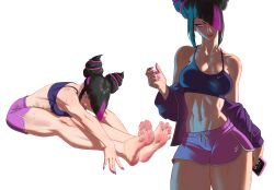  absurdres armpit_crease bare_legs bare_shoulders barefoot black_hair blue_sports_bra breasts cellphone cleavage commentary cone_hair_bun cowboy_shot dolphin_shorts english_commentary feet female foot_focus full_body hair_bun hair_over_one_eye hand_up highres holding holding_phone jacket juri_han large_breasts legs looking_at_viewer multicolored_hair multiple_views nail_polish navel one_eye_covered open_clothes open_jacket parted_lips phone pink_shorts purple_eyes purple_hair purple_jacket purple_nails reiss_art short_eyebrows short_shorts shorts sidelocks simple_background smartphone soles sports_bra spread_toes stomach streaked_hair street_fighter stretching thick_thighs thighs toenail_polish toenails toes two-tone_hair v-shaped_eyebrows white_background 