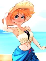  absurdres aqua_eyes bare_shoulders beach bikini bikini_under_clothes blue_sarong blysill breasts cosplay cynthia_(pokemon) cynthia_(pokemon)_(cosplay) cynthia_(summer_2025)_(pokemon) drinking_straw_hair_ornament female hand_on_headwear hat highres kasumi_(pokemon) looking_at_viewer navel ocean orange_hair pokemon sand sarong shirt short_hair sideboob solo spiked_hair sun_hat swimsuit tied_shirt yellow_shirt 