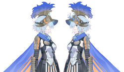  2girls armor black_sclera blue_cape blue_eyes blue_hair breasts cape clone colored_sclera dark_persona dual_persona echj gladiator helmet highres looking_at_another medium_breasts missing_commentary multiple_girls mya_(wuthering_waves) parted_lips short_hair simple_background solo tacet_mark_(wuthering_waves) white_background wuthering_waves yellow_eyes 