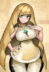  bare_shoulders blonde_hair breasts closed_mouth commentary cowboy_shot diagonal_bangs diamond_(shape) dress english_text female gem green_eyes green_gemstone highres large_breasts leggings long_hair lusamine_(pokemon) meme mommy?_sorry._mommy?_(meme) nail_polish pokemon pokemon_sm saiykik short_dress sleeveless sleeveless_dress smile solo split_mouth very_long_hair white_leggings yellow_dress 