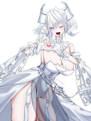  bare_shoulders breasts cleavage cowboy_shot demon_girl demon_horns dress duel_monster earrings female grey_eyes grey_hair heart heart_hands highres horns huge_breasts jewelry lovely_labrynth_of_the_silver_castle one_eye_closed pointy_ears sanzakasun simple_background solo strapless strapless_dress white_background white_dress yu-gi-oh! 