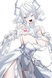  bare_shoulders breasts cleavage cowboy_shot demon_girl demon_horns dress duel_monster earrings female grey_eyes grey_hair heart heart_hands highres horns huge_breasts jewelry lovely_labrynth_of_the_silver_castle one_eye_closed pointy_ears sanzakasun simple_background solo strapless strapless_dress white_background white_dress yu-gi-oh! 