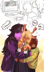  2025 anthro blonde_hair brown_body brown_fur brown_hair computer deer deltarune electronics female fur group hair hi_res hug human kris_(deltarune) male mammal meltsmelts new_world_deer noelle_holiday purple_body reindeer scalie simple_background susie_(deltarune) text trio undertale_(series) white_background 