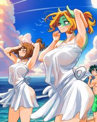  4:5 absurd_res anthro ass avian big_breasts bird blonde_hair breasts brown_hair clothing cloud day dress duo_focus eyelashes female fur green_body green_fur green_hair group gull hair hi_res human ippan_josei izuku_midoriya lari larid male mammal my_hero_academia navel ochaco_uraraka ponytail quirked_human_(my_hero_academia) sky smile translucent translucent_clothing trio vlizz white_clothing white_dress 