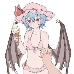  1boy bat_wings bikini bikini_skirt blue_hair breasts female fingernails food frilled_bikini frills hair_between_eyes hand_grab hat hat_ribbon highres holding holding_food holding_ice_cream holding_ice_cream_cone ice_cream ice_cream_cone light_blush long_fingernails looking_at_viewer mob_cap navel oerba_yun_fang pink_bikini pink_hat pov pov_hands red_eyes red_nails red_ribbon remilia_scarlet ribbon short_hair side-tie_bikini_bottom simple_background small_breasts smile solo_focus swimsuit touhou white_background wings youpofen 