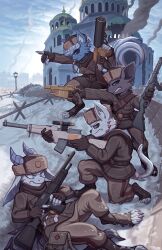  assault_rifle battlefield_1 black_sclera bottomwear cathedral clothed clothing fingerless_gloves fur gloves goobone group gun hair handgun handwear hat headgear headwear hi_res holding_gun holding_object holding_ranged_weapon holding_weapon holster holstered_weapon horn kobold male mammal ranged_weapon rifle scalie tail topwear uniform ushanka weapon whistle_(object) 