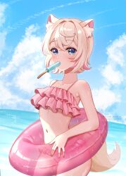  animal_ear_fluff animal_ears bare_arms bare_shoulders bikini blonde_hair blue_eyes blue_sky cloud collarbone cowboy_shot crossed_bangs day dog_ears dog_tail food food_in_mouth frilled_bikini frills from_side hair_between_eyes highres hololive horizon light_blush looking_at_viewer mococo_abyssgard multicolored_hair nail_polish navel ocean orihimestudio outdoors pink_bikini pink_hair pink_innertube popsicle popsicle_in_mouth red_nails short_hair sky standing streaked_hair swimsuit tail transparent_innertube virtual_youtuber water yellow_tail 