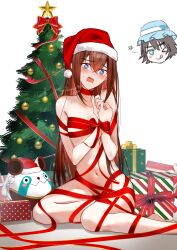  2girls bare_shoulders blush bondage bondage bound bound_wrists bow box breasts brown_hair chibi chibi_inset christmas christmas_ornaments christmas_tree collarbone commentary convenient_censoring embarrassed full_body fur-trimmed_headwear fur_trim gift gift_box groin hair_between_eyes hat highres long_hair looking_at_viewer makise_kurisu multiple_girls naked_ribbon navel one_eye_closed open_mouth red_ribbon ribbon ribbon_bondage santa_hat shiina_mayuri shirase_rin simple_background sitting small_breasts smile steins;gate tongue upa_(steins;gate) white_background wrapped_up 