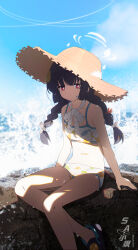  absurdres bare_arms bare_shoulders bikini black_hair blue_archive bow braid closed_mouth crocs female hair_ribbon hat hayate_(1034853996) highres leaf_print long_hair looking_at_viewer miyu_(blue_archive) miyu_(swimsuit)_(blue_archive) navel official_alternate_costume official_alternate_hairstyle red_eyes ribbon solo stomach straw_hat swimsuit twin_braids white_bikini white_bow white_ribbon 