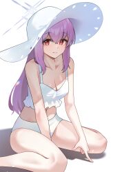  absurdres atsuko_(blue_archive) atsuko_(swimsuit)_(blue_archive) bare_shoulders bikini blue_archive blush breasts cleavage closed_mouth coke0502 collarbone commentary female fingernails halo hat highres long_hair looking_at_viewer navel pink_hair red_eyes simple_background smile solo stomach sun_hat swimsuit thighs white_background white_bikini white_halo white_hat 
