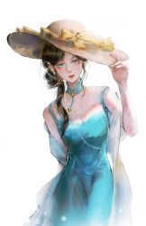 absurdres bare_arms bare_shoulders beads black_hair blue_dress blue_eyes bow breasts brown_hat china_dress chinese_clothes closed_mouth collared_dress cowboy_shot dabajiao dress expressionless eyelashes eyeshadow female hair_beads hair_bun hair_ornament hair_over_shoulder hand_on_headwear hat hat_bow high_collar highres infinity_nikki lipstick long_hair looking_at_viewer makeup mandarin_collar medium_breasts misty_poetics_(infinity_nikki) nikki_(series) parted_bangs pink_eyeshadow red_lips see-through_clothes see-through_dress shawl simple_background single_side_bun sleeveless sleeveless_dress solo standing sun_hat wavy_hair white_background white_shawl yellow_bow 