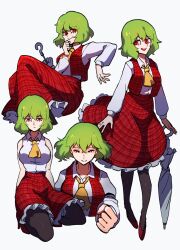  ascot breasts clenched_hand closed_eyes collared_shirt cropped_torso false_smile female frilled_skirt frills frown full_body green_hair hair_between_eyes high_heels highres iganashi1 kazami_yuuka large_breasts long_sleeves multiple_views open_clothes open_vest pantyhose parasol red_eyes red_shoes red_skirt red_vest seiza shirt shoes short_hair sitting skirt sleeveless smile standing touhou umbrella vest yellow_ascot 
