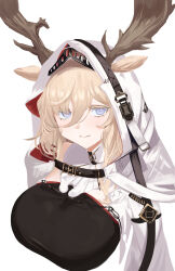  absurdres animal_ears antlers arknights blonde_hair breasts bright_pupils closed_mouth cropped_torso ears_through_headwear female hair_between_eyes highres hood hood_up horns large_breasts long_bangs medium_hair purple_eyes remapack77 simple_background smile solo viviana_(arknights) white_background white_hood white_pupils 