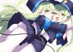  2girls armband ass belt blue_archive demon_tail gloves green_hair green_halo hair_between_eyes halo hat highres hikari_(blue_archive) long_hair looking_at_viewer multiple_girls nozomi_(blue_archive) oerba_yun_fang open_mouth pantyhose peaked_cap pleated_skirt pointy_ears shirt shorts skirt tail tonomiya68 white_gloves yellow_eyes 