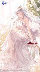  azur_lane back_bow bare_shoulders belfast_(azur_lane) belfast_(the_pledge_of_claddagh)_(azur_lane) bow braid breasts bridal_veil chair cleavage commentary dress earrings english_commentary female flower grey_hair high_heels highres indoors jewelry kei_(keiuu) large_breasts long_hair looking_at_viewer official_alternate_costume official_art on_chair shoes sitting smile solo veil wedding_dress white_bow white_dress white_shoes 