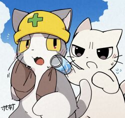  2025 ambiguous_gender armor beverage_can blush blush_lines bodily_fluids brown_towel can clothing cloud container digital_media_(artwork) domestic_cat duo emanata felid feline felis feral flying_sweatdrops fur genba_neko grey_body grey_fur handing_over hard_hat hat headgear headwear helmet hi_res japanese_text ke_mo_suke kemono kumamine mammal multicolored_body multicolored_fur narrowed_eyes open_mouth safety_cat semi-anthro shaded shikaruneko shikaruneko_(series) signature simple_shading sky sweat sweatdrop tail text towel towel_around_neck tuft two_tone_body two_tone_fur whiskers white_body white_fur yellow_clothing yellow_hat yellow_headwear yellow_sclera 
