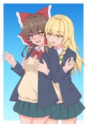  2girls @_@ absurdres alternate_costume black_jacket blonde_hair blush bow bowtie braid breasts brown_hair cardigan chinese_commentary collared_shirt commentary_request contemporary frilled_bow frilled_hair_tubes frills grabbing_another&#039;s_breast grabbing_from_behind green_bow green_skirt groping hair_tubes hairbow hakurei_reimu highres jacket kirisame_marisa long_hair long_sleeves mixed-language_commentary multiple_girls no_headwear open_clothes open_jacket open_mouth piaoluo_de_ying_huaban pleated_skirt red_bow red_bowtie red_eyes school_uniform shirt side_braid single_braid skirt smile touhou white_shirt yellow_cardigan yellow_eyes yuri 