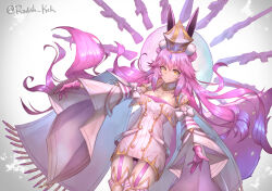 animal_ears black_panties breasts cleavage double_bun dress fate/grand_order fate_(series) female gloves gun hair_bun hat highres koyanskaya_(assassin)_(third_ascension)_(fate) koyanskaya_(fate) long_hair looking_at_viewer panties pantyshot pink_gloves pink_hair rabbit_ears radishkek smile solo tamamo_(fate) underwear weapon white_dress white_hat yellow_eyes 