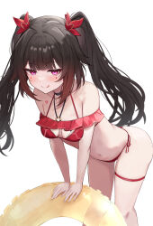  bare_shoulders bikini black_choker black_hair blush breasts butterfly-shaped_pupils choker cleavage collarbone female flower_tattoo halterneck highres honkai:_star_rail honkai_(series) innertube kunizaki leaning_forward licking_lips long_hair looking_at_viewer mark_under_both_eyes medium_breasts navel pink_eyes red_bikini side-tie_bikini_bottom smile solo sparkle_(honkai:_star_rail) swim_ring swimsuit symbol-shaped_pupils tattoo thigh_strap thighs tongue tongue_out twintails 