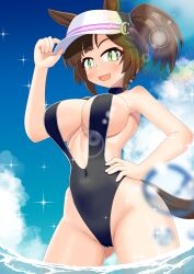  adjusting_clothes adjusting_headwear animal_ears bare_shoulders blue_sky breasts brown_hair cleavage cloud cloudy_sky commentary_request commission covered_navel cowboy_shot day female ganimede green_eyes groin hand_on_own_hip hat highleg highleg_one-piece_swimsuit horse_ears horse_girl horse_tail ines_fujin_(umamusume) large_breasts lens_flare looking_at_viewer medium_hair ocean one-piece_swimsuit open_mouth outdoors side_ponytail skeb_commission sky smile sparkle swimsuit tail umamusume visor_cap wading water white_hat 