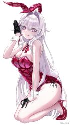  316_lp absurdres alternate_costume animal_ears black_gloves breasts cleavage commentary fake_animal_ears fake_tail female gloves high_heels highres honkai_(series) honkai_impact_3rd kneeling large_breasts leotard licking_lips long_hair playboy_bunny rabbit_ears rabbit_tail red_leotard simple_background solo symbol-only_commentary tail thelema_nutriscu tongue tongue_out very_long_hair white_background white_hair wrist_cuffs 
